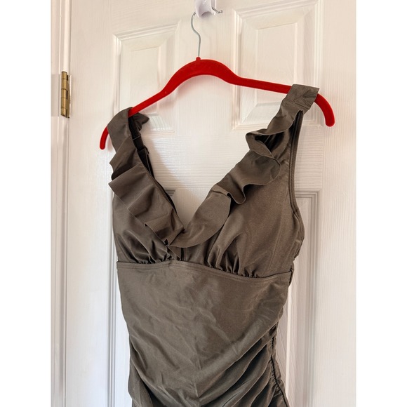 DKNY One Piece Swimsuit Ruched Ruffle V Neck Olive Green Medium - Picture 2 of 4